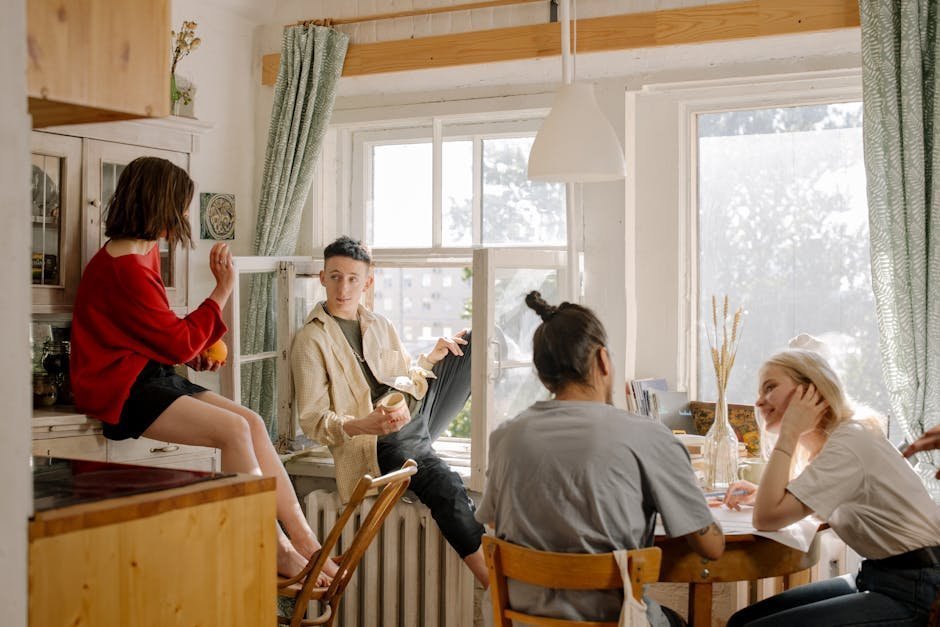 Sober living home interior with shared living space and recovery house meeting in progress